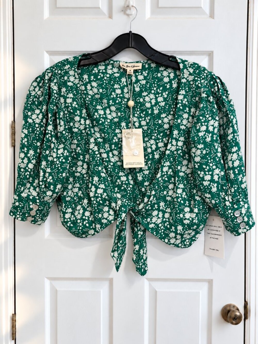 For Love & Lemons Green White Floral Tie-Front Cropped Puff-Sleeve Blouse M NWT